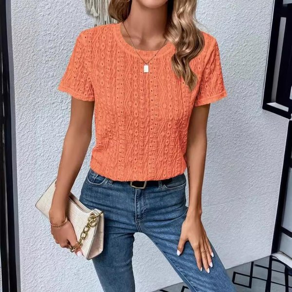 Plisowane Koszule Z KróTkim RęKawem Hollow Out Damskie Bluzki Z OkrąGłYm Dekoltem Casual Letnie Ubrania Jednolite Bluzki LuźNe Bluzki S PomarańCzowy-image