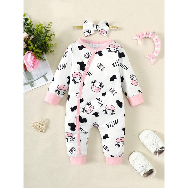 2 Piezas Mono De Moda Para Bebé NiñA ReciéN Nacida Lindo Body De Vaca De Manga Larga + Diadema Mono Para NiñA PequeñA Primavera Y OtoñO 0-18 Meses 3-6M White-image