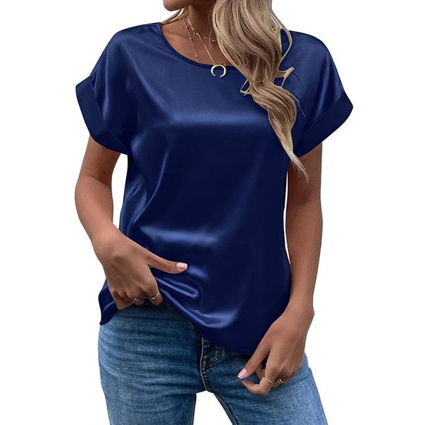 Camiseta De Verano Para Mujer, Camisa De SatéN De Manga Corta, Camiseta Holgada Informal De SatéN Con Cuello Redondo, Tops Para Mujer L-image