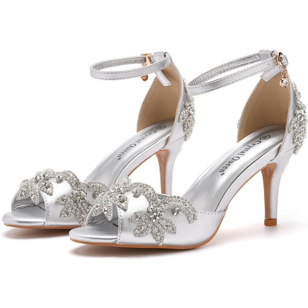 Sandalias De TacóN Alto Boca De Pez De 7 Cm Boca Baja Hebilla De Una Forma Talla Grande Punta Redonda Tacones Altos Sandalias De TacóN Delgado Con PedreríA Dorada 42 White-image