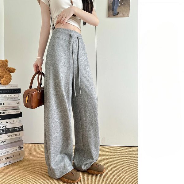 Pantalones De Arroz Glutinoso Grises Para Mujer En Verano Nuevo CinturóN Con CordóN De Cintura Alta Casual Pantalones De Pierna Recta Para Estilo De PequeñA Pereza Pantalones De Pierna Ancha XL Gray-image
