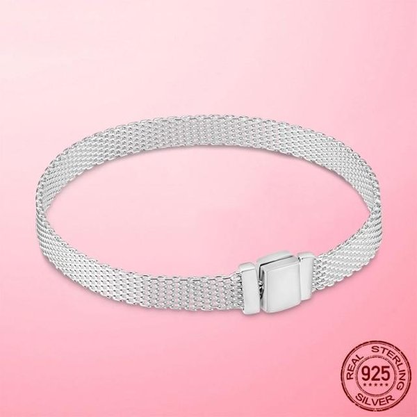 Pulsera De Malla Reflexions Plata De Ley 925 Color Oro Cierre Brillante Pulsera Reflexions Plata De Ley FabricacióN De Joyas Regalo 20Cm White-image