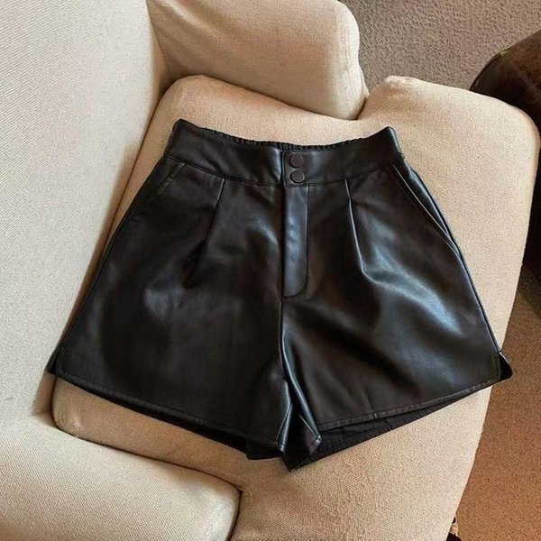 Damskie Eleganckie Modne Czarne Szorty Ze Sztucznej SkóRy Z Kieszeniami Bocznymi Vintage Wysoki Stan Zapinane Na Zamek Damskie KróTkie Spodenki Xxxl Czarny-image