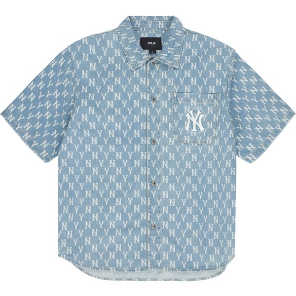 MLB New York Yankees Serie MontañA CláSica Logo Exterior Vaquero Casual CóModo Camisa De Manga Corta Camisas Unisex Azul Claro 3ADRMN123-50BLL XL White-image