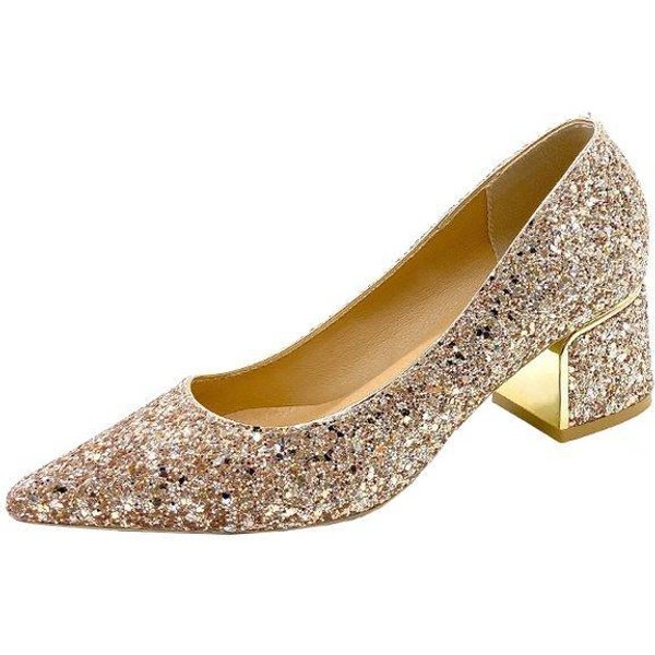 Modne Szpiczaste Eleganckie Buty śLubne Plus Size PłYtkie CzółEnka Na Wysokim Obcasie Damskie Grube Srebrne Brokatowe Obcasy CzółEnka Damskie Luksusowe Obuwie 42 ZłOty-image