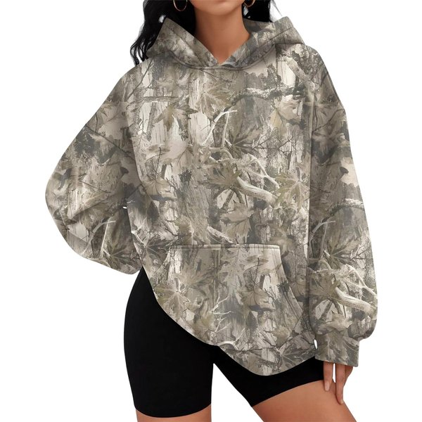 Damska Bluza Z Kapturem LuźNy KróJ Z Nadrukiem Wzoru GałęZi DłUgi RęKaw Pulower Casualowa Odzież Sportowa Top Z Przednią Kieszenią I Kapturem XXL Gray-image