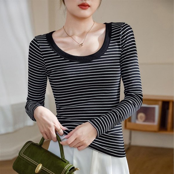 Camiseta De AlgodóN Puro A Rayas Para Mujer Manga Larga OtoñO E Invierno Nueva Cuello Redondo Hombro Recto Top Ajustado Camiseta Base Ajustada XL Negro-image