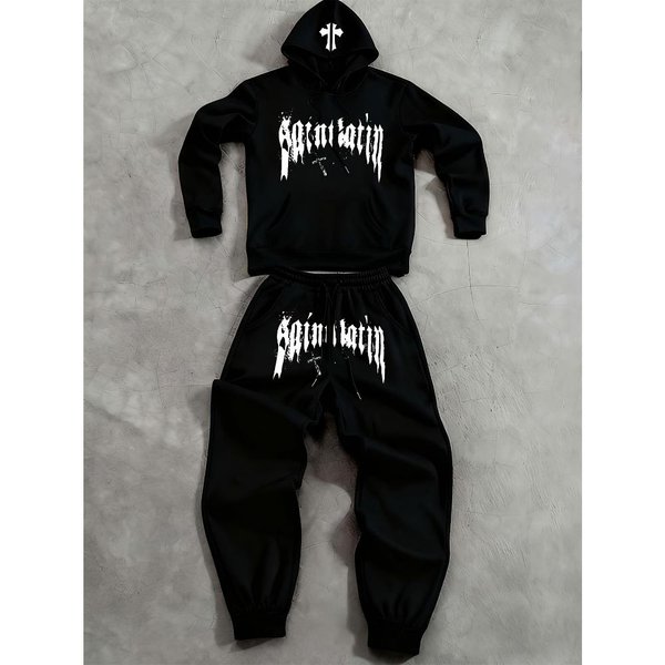 Conjunto Informal De Sudadera Con Capucha Y Pantalones Deportivos Para Hombre De Moda Con Estampado De Letras Y Bolsillo Con CordóN Conjunto De Dos Piezas Para Exteriores Informal Deportivo M Negro-image