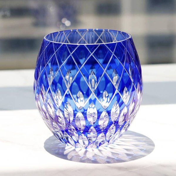 Vaso De Cristal Para CóCtel Y Whisky Estilo JaponéS Hecho A Mano Edo Kiriko Forma Curva De Color 11.6 Oz Con Caja De Regalo 330 Ml Azul-image