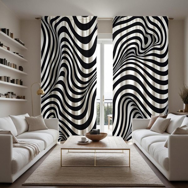 2 Piezas Cortina Decorativa GeoméTrica Ondulada Blanco Y Negro HD Cortina Estampada Digitalmente Con Lazo Negro Estilo De DecoracióN Del Hogar DecoracióN W52H95Inchw132H241Cm-image