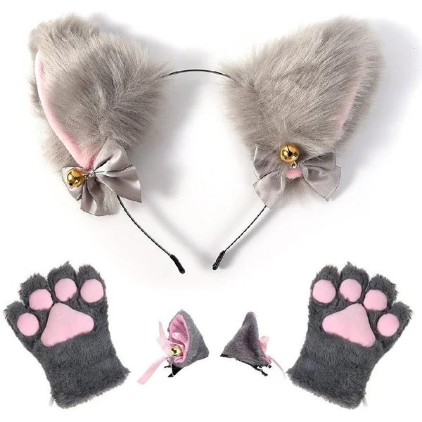 1 Juego De Bonitos Guantes Con Orejas De Gato Para El Pelo, Disfraz De Cosplay De Anime Para NiñAs, Diadema Con Orejas De Gato De Peluche, Diadema Para Fiestas Nocturnas Y Clubes. Gray-image