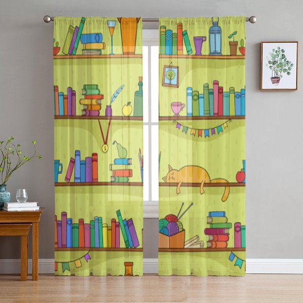 Libros Gato EstanteríAs Cortinas Transparentes Para Sala De Estar Tul Transparente Tratamientos De Ventana Dormitorio Cocina DecoracióN Del Hogar Cortinas De Velos 135W X 114H(Cm) Beige-image