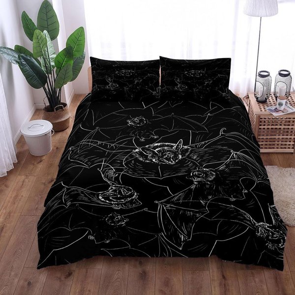 Juego De Funda NóRdica De MurciéLagos GóTicos Negros King Queen Doble Completo Twin Individual TamañO Funda NóRdica Funda De Almohada Juego De Ropa De Cama 140X210Cm-image
