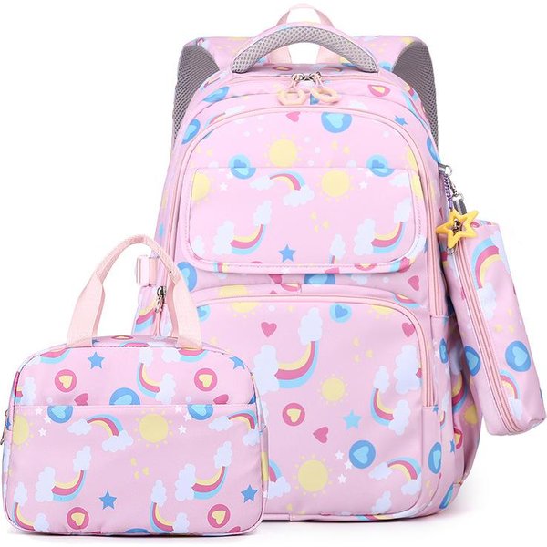 Serie ArcoíRis 3Uds/Set Mochila Escolar Infantil Para NiñAs Bolso Para El Almuerzo Estuche Escolar Bolsas Para Primaria Secundaria Bachillerato Mochila Para Estudiantes-image