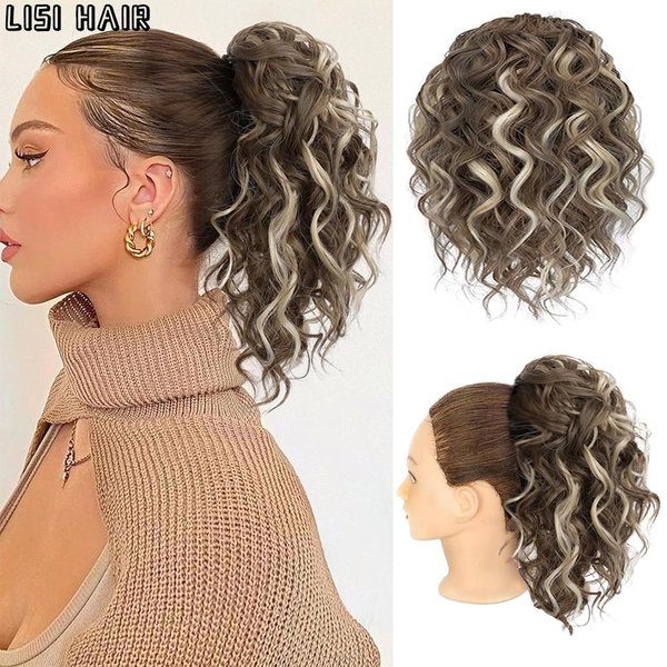 Messy Bun Hair Pieces LuźNe Falowane KręCone Koki KróTkie Sznurki Doczepiane WłOsy Kucyk Top Syntetyczny Kucyk Damskie Doczepiane WłOsy 30Cm-image