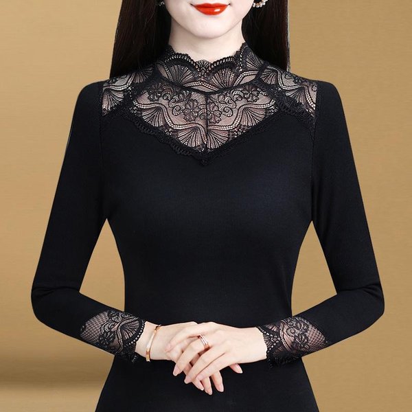 Camiseta Base De Encaje De Cuello Alto Para Mujer Con Camiseta Negra Nueva, Top De Malla De Manga Larga Engrosado Con Terciopelo 4XL-image