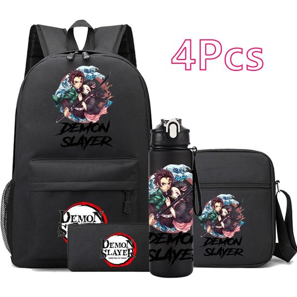 4 Piezas/Set Mochila Estampada Anime Demon Slayer Bolso Para Libros Bolso De Hombro Estuche Con Botella De Agua De 750 Ml NiñO NiñA Gran Capacidad Impermeable Mochila Escolar-image
