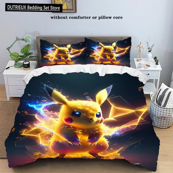 Funda NóRdica Funda De Almohada Ropa De Cama Kawaii Pikachu ColeccióN De Tres Piezas Para NiñOs Adultos ColeccióN De Cama TamañO Individual Queen King AU Double(180X210Cm)-image