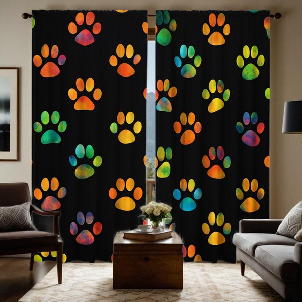 2 Piezas HD Digital Color Negro Estampado De Pata De Animal Cortinas DecoracióN Del Hogar Estilo Decorativo Sala De Estar Dormitorio Cortinas Con Varilla W52H63Inchw132H160Cm-image
