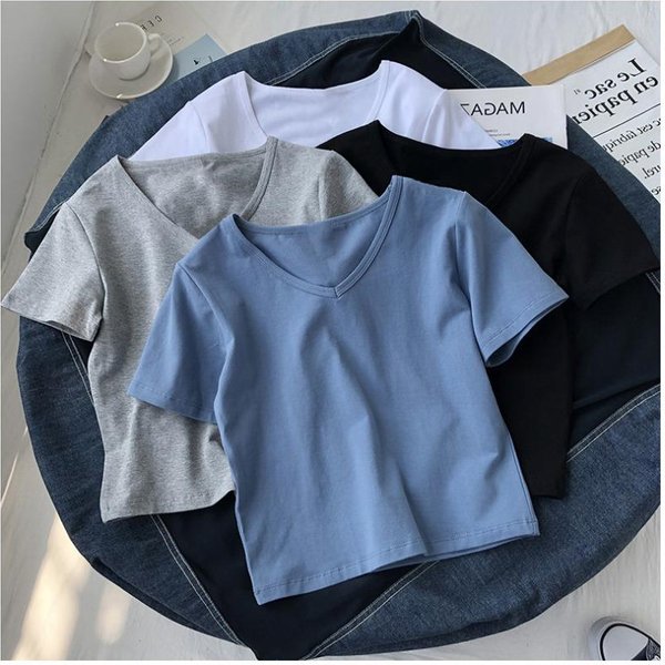 Camiseta Corta De Manga Corta Con Cuello En V Ajustada De Color SóLido Para Verano Para Mujer, Delgada, De Cintura Alta, Top Ombliguera Para Mujer M Azul-image