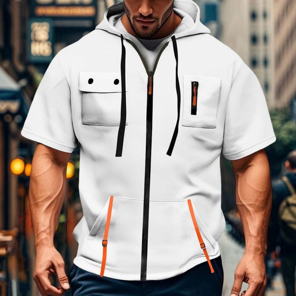 MęSka Bluza Z Kapturem, Casualowa, Z KróTkim RęKawem, Zapinana Na Zamek, LuźNy KróJ, OddychająCa, Z Wieloma Kieszeniami, Sportowa Bluza Z Kapturem M-image