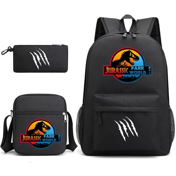 Mochila De Dinosaurio Jurassic World Mochila Escolar Para Estudiantes Jurassic World Bolsa De Almuerzo Estuche LáPices Moda Three-Piece Set Negro-image