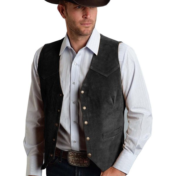 MęSka Zamszowa Kamizelka JednorzęDowa Slim Fit Casualowa Kamizelka DżInsowa Western 5 GuzikóW Modna Klasyczna Odzież S Czarny-image