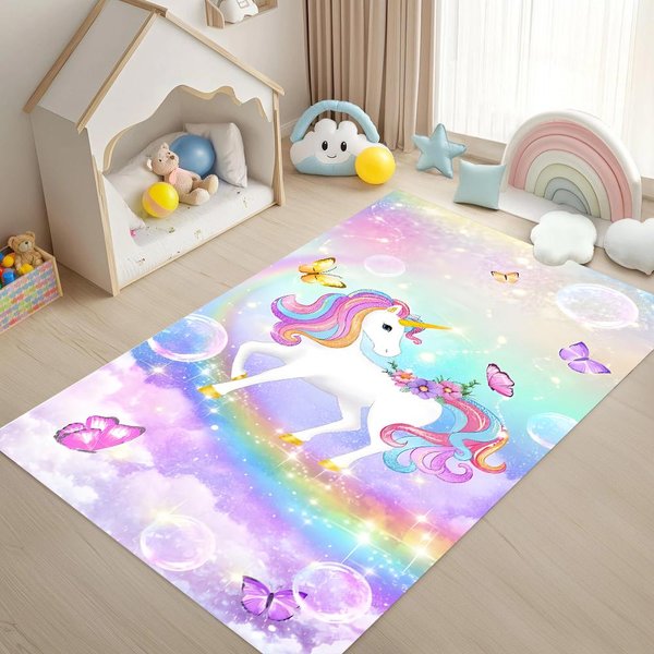 TęCzowy JednorożEc Fantazja Dywanik Pastelowy Motyl Dywan AntypośLizgowa Mata Do Zabawy Do Pokoju DziecięCego Pokoju Zabaw Sypialni Dziewczynki Dekoracja Domu 80X120-image