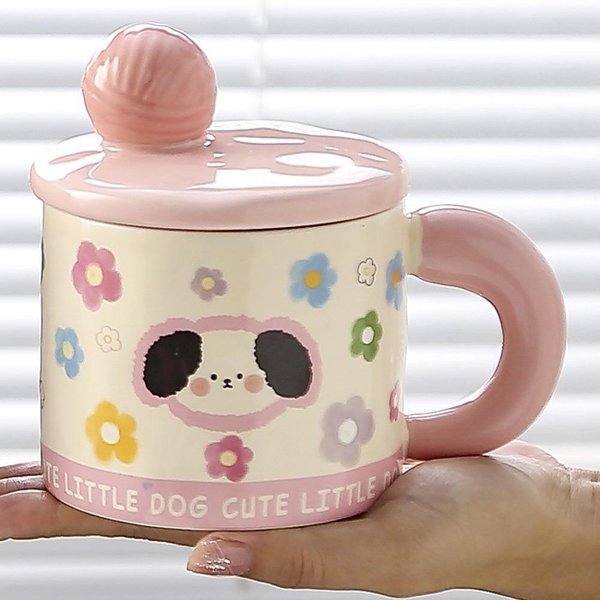 Taza De CeráMica Creativa Linda Taza De Bebida De Dibujos Animados Con Tapa Gran Capacidad Taza De Café Regalo Souvenir Taza De Agua 301-400Ml-image