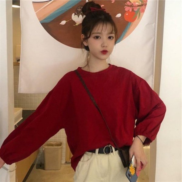 Damski Nowy Jesienny KoreańSki Styl LuźNy Pulower Student Latarnia RęKaw DłUgi RęKaw T-Shirt Damski Jednolity Kolor Koszulka Bazowa 2XL-image