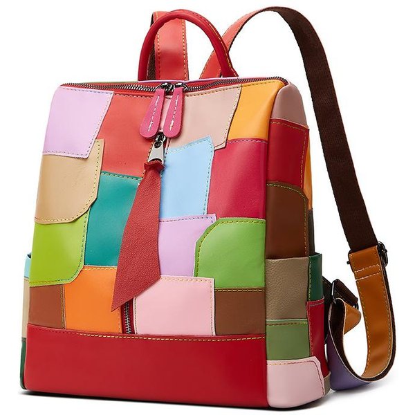Mochila Femenina Empalme Cuero Suave Color Bolso Moda Todo En Uno Gran Capacidad Mochila Mochila De Ocio Black-image
