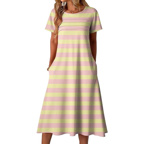 Vestido Casual Y Moderno De Manga Corta Con Cuello Redondo Y Estampado A Rayas Para Mujer S-image