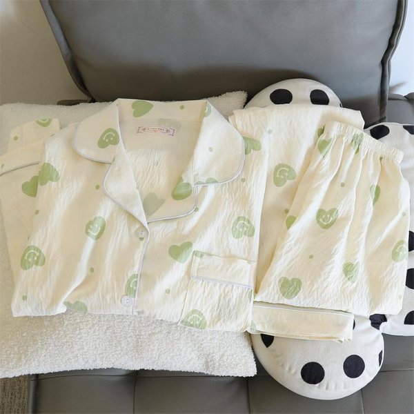 Conjunto De Pijama De Dos Piezas Con Estampado De Cerezas OtoñO Pijama De AlgodóN ImitacióN Estilo Coreano Ropa De Hogar Conjunto De PantalóN Y Top De Mujer M Beige-image
