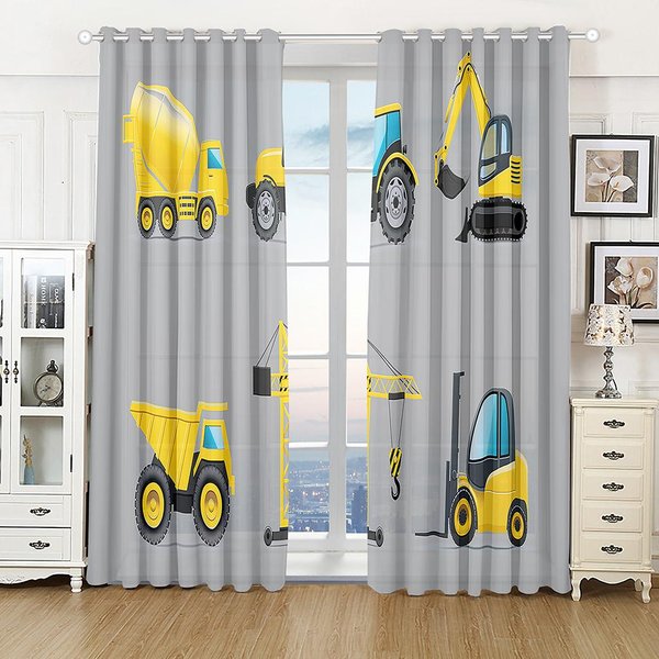 2 Piezas Lindas Cortinas De Dibujos Animados Para Coche CamióN Excavadora NiñOs NiñO Tratamiento De Ventana Para Dormitorio Infantil Persianas Ventana DecoracióN Del Hogar Cortinas (W50H130Cm)-2Pcs&Hook Gray-image