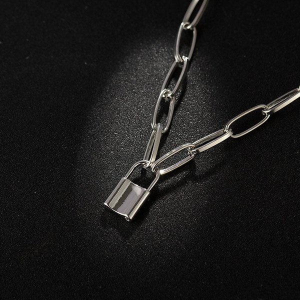 Collar Con Colgante De Candado Personalidad Hip-Hop Simple Y Exagerado, Cadena Gruesa Cadena Para ClavíCula 3 Plata-image