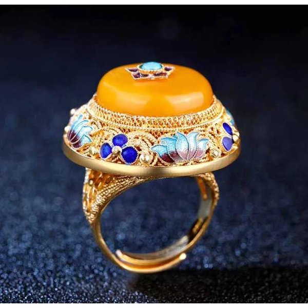ArtesaníA De Oro Antiguo Estilo Palacio Calcedonia Amarilla Natural Loto Esmalte Anillos De Porcelana Para Mujer JoyeríA De Cena De Lujo Resizable-image