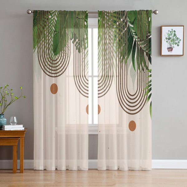 Cortina De Ventana Transparente Abstracta Bohemia De Hoja De Viento Y Planta, Cortinas De Tul Para Sala De Estar, Dormitorio, Hotel, DecoracióN Del Hogar, Cortinas Voile 135W X 114H(Cm) Gray-image