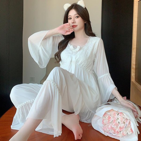 Pijama De Malla Estilo Princesa Conjunto De Pijama De Manga Larga Ropa De Casa Dulce Para NiñAs Pijama De Primavera Verano Camisetas Modales Pantalones Ropa De Casa 2XL Gray-image