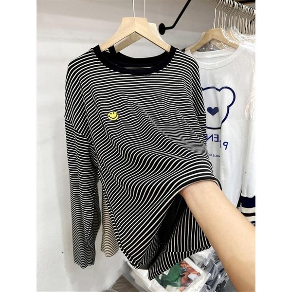 Nueva Camiseta De Manga Larga A Rayas Para Mujer De OtoñO E Invierno, Longitud Media, Top De Camiseta BáSica De AlgodóN Bordado Con Cara Sonriente XXL Negro-image