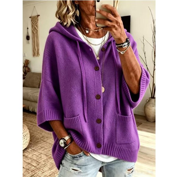 Jesienny Zimowy Sweter Z Guzikami I Kapturem Kardigan Jednolity Kolor Codzienny Modny Damski PłAszcz Kurtka 4XL Purple-image