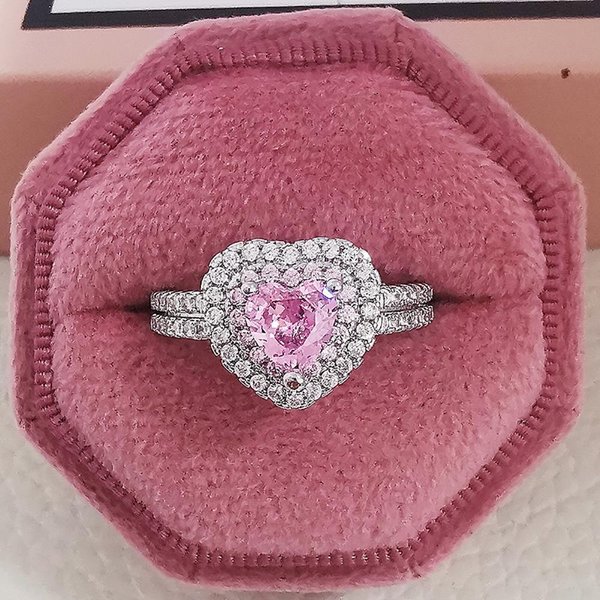 Anillo De Compromiso De Boda De Moda Simple Europea Y Americana Con Temperamento De CorazóN De MelocotóN Con Incrustaciones De Diamantes Anillo Combinado De Plata De Ley 925 5 Gray-image