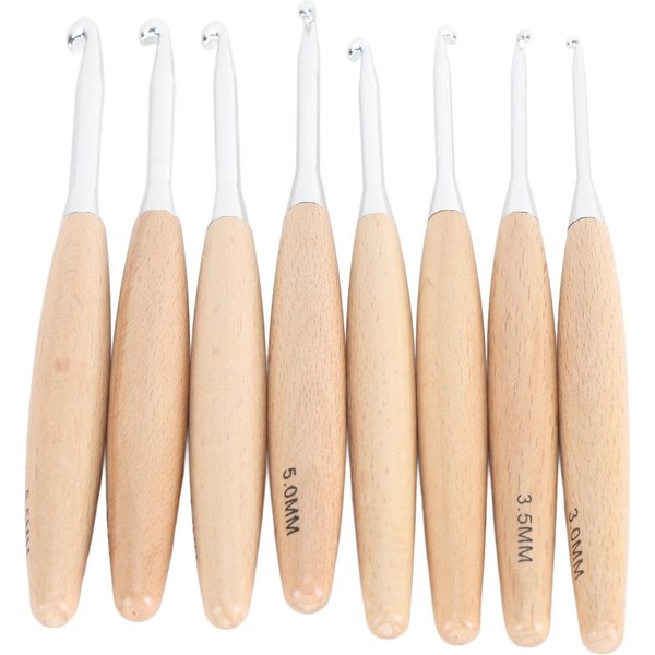 8 Piezas Ganchos Acero Inoxidable Aguja Mango De Madera Ganchillos Set Para Manualidades Tejido De SuéTer 3.0Mm‑6.5Mm Beige-image
