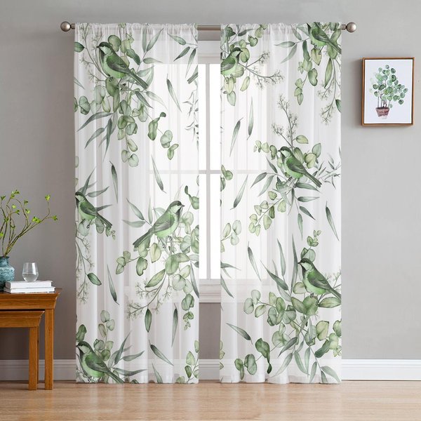 Plantas De Verano TréBol De Cuatro Hojas Hoja Verde Acuarela Cortina TraslúCida Para Ventana De Tul Cortinas Para Sala De Estar DecoracióN Del Hogar Visillos 135W X 114H(Cm) White-image