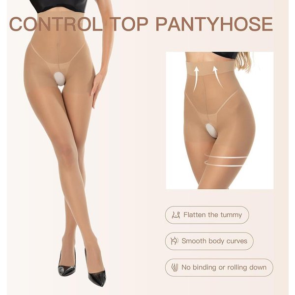 Kave Mujer Sexy Negro Entrepierna Abierta Medias Transparentes Tallas Grandes S-XL Medias Transparentes Sin Entrepierna Color SóLido Finas Sexy Fit For 55-75KG Beige-image