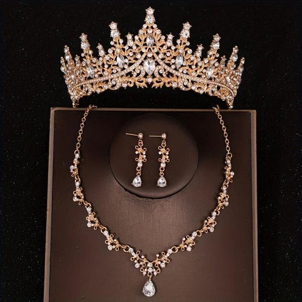 Tocado Nupcial Lujo Color Plata Cristal Gota De Agua Diamantes De ImitacióN Tiara Collar Pendientes Boda Juego De Joyas De 4 Piezas Black-image