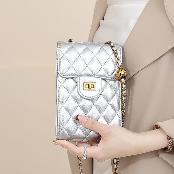 Bolso Mujer Verano Moda Bolso De Mujer Bolso PequeñO Enrejado Diamante Alto Sentido Cadena Bolso Cruzado Plata-image