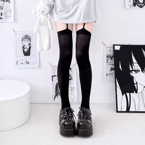 Kobiety PodwiąZki Szerokopasmowe Aksamitne Rajstopy Lolita Cienkie PodkolanóWki Do Uda Z PodwiąZkami Y2K Styl Kolegialny JK PodkolanóWki One Size Czarny-image