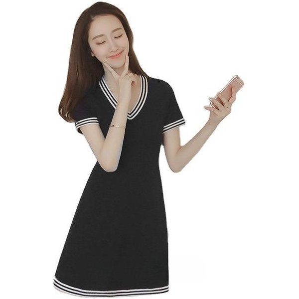 Verano Nuevo Manga Corta Casual Cuello En V Vestido Suelto Mujer Verano Fino Talla Grande Ajustado Mediano Y Largo Falda En A 2XL Negro-image