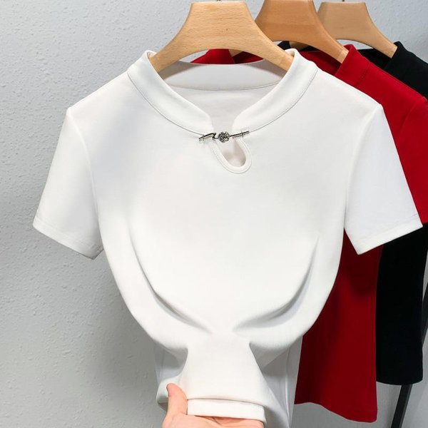 Camiseta De Manga Corta Con Cuello Mao Para Mujer Nueva Ropa De Mujer Nueva Camiseta De AlgodóN De Color SóLido Chino DiseñO Top Abotonado 2XL White-image