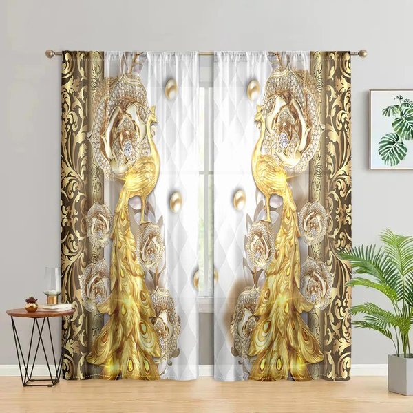 2 Piezas, Cortinas De Pavo Real Dorado - Bolsillo Para Barra Semioscuras - Perfectas Para Sala De Estar, Dormitorio, Cocina, DecoracióN Del Hogar W150CM H166Cm&Rod Pocket-image